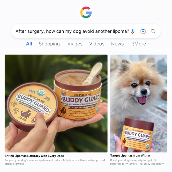 This ad creative uses a split-screen visual format to address pet owner concerns about recurring health issues through a natural supplement solution.